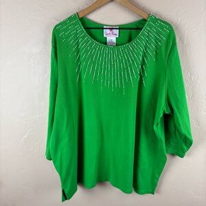 Quacker Factory Kelly Green Pearl Bead Embellished Women's Top T-shirt Size 2X